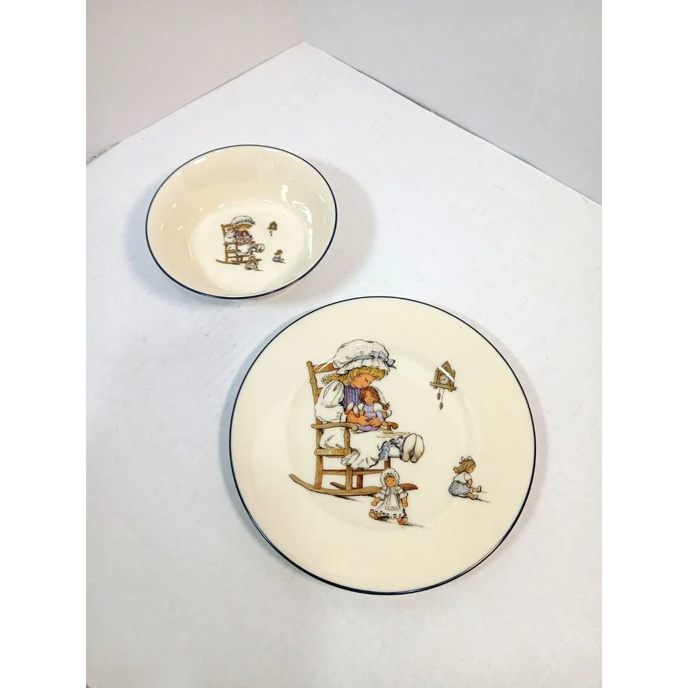 Vintage Lenox Holly Hobbie Child’s Plate and Bowl Set Blue Rim Nursery Baby Dish